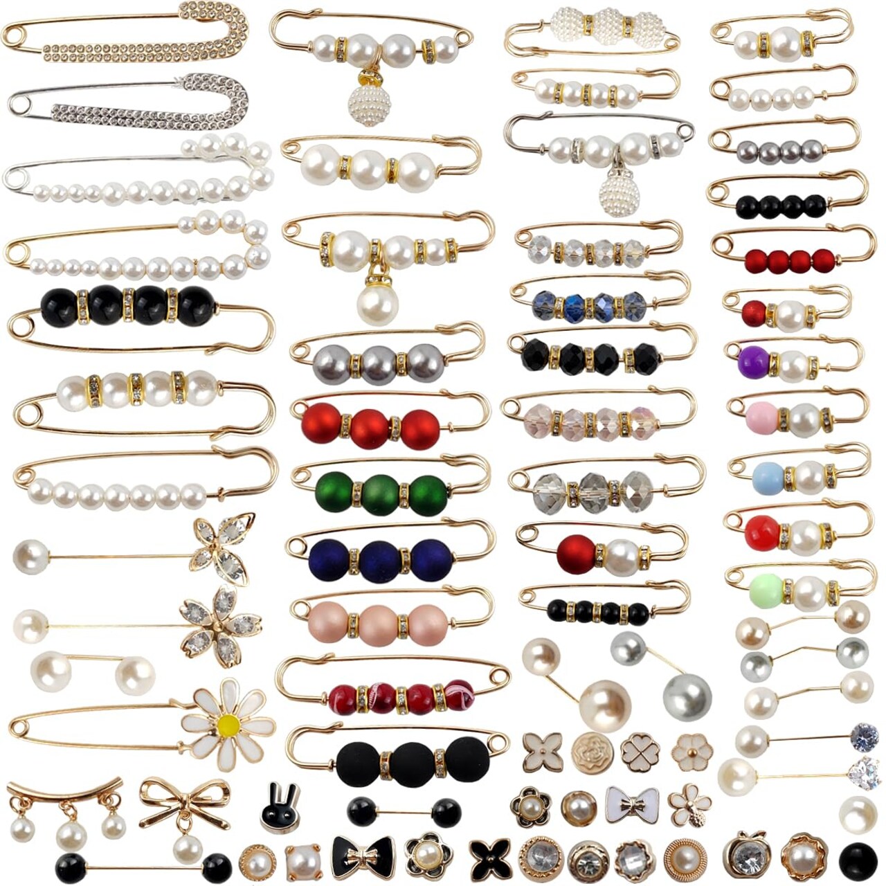75PCS Pearl Brooch,Pant Waist Tightener Safety Pin Double Faux Pearl Brooches for Women Girls Fashion Cover Up Buttons Clothing Dresses Decoration Accessories Pant Waist Tightener Safety Pins